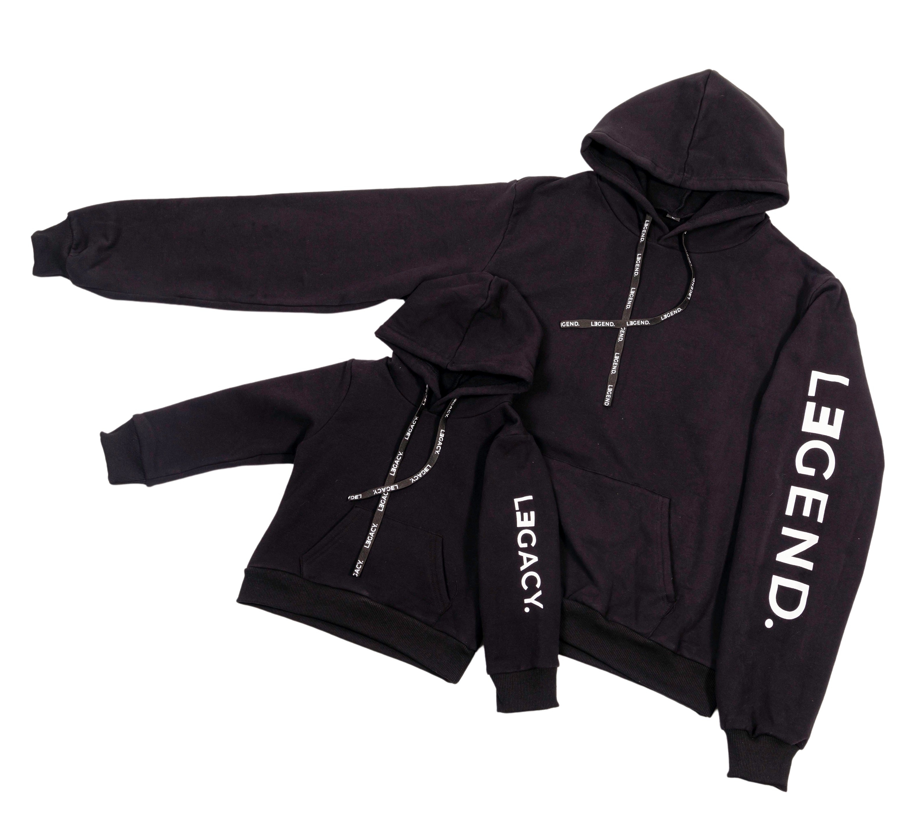 Legend and Legacy Hoodies - Black with Printed Drawcord, Kangaroo