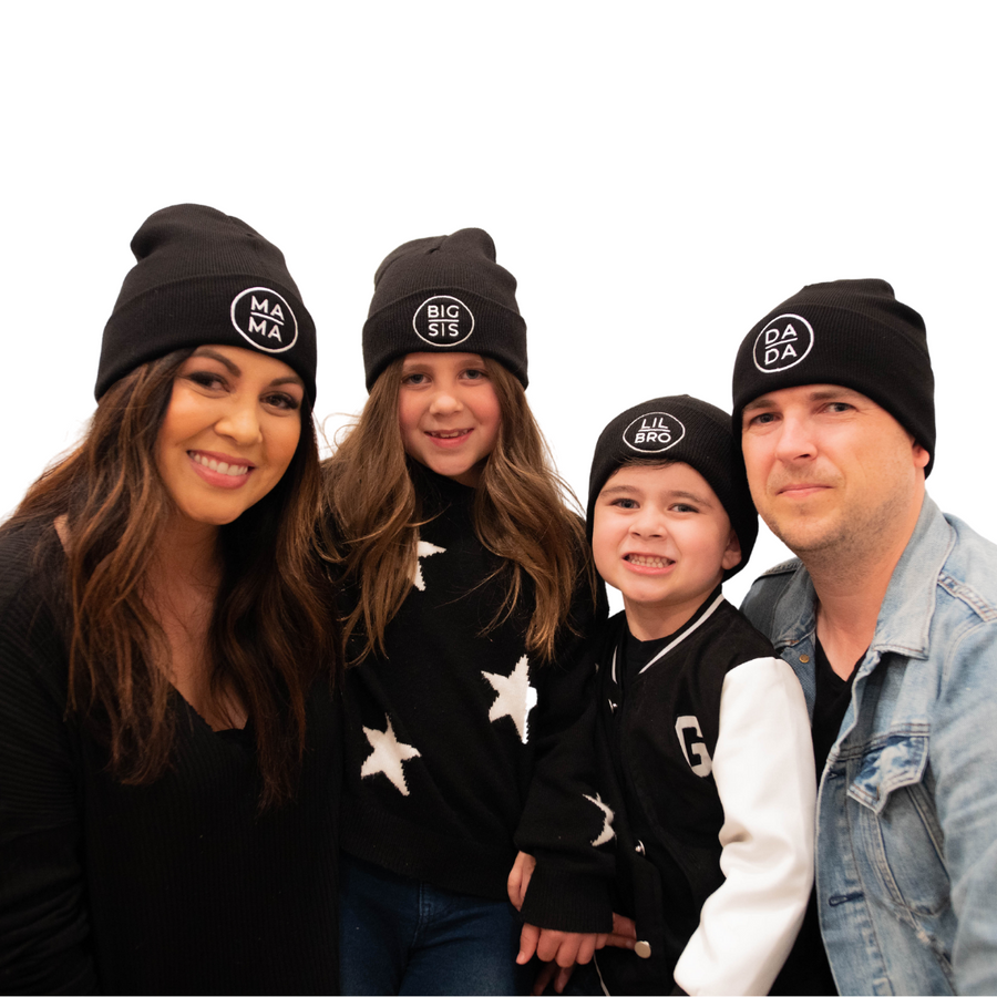 Coordinating Family Beanies Mama, Dada, Kids. Made in the USA.