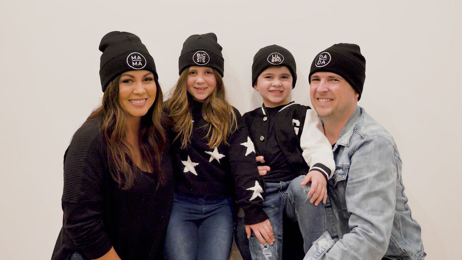 Coordinating Family Beanies Mama, Dada, Kids. Made in the USA.