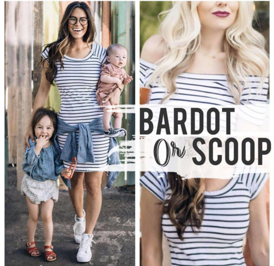 Dress - White Striped Bardot Dress