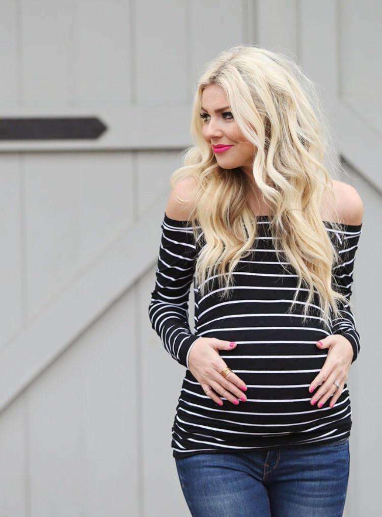 Maternity Shirt - Black Striped Long Sleeve Bardot Maternity Shirt