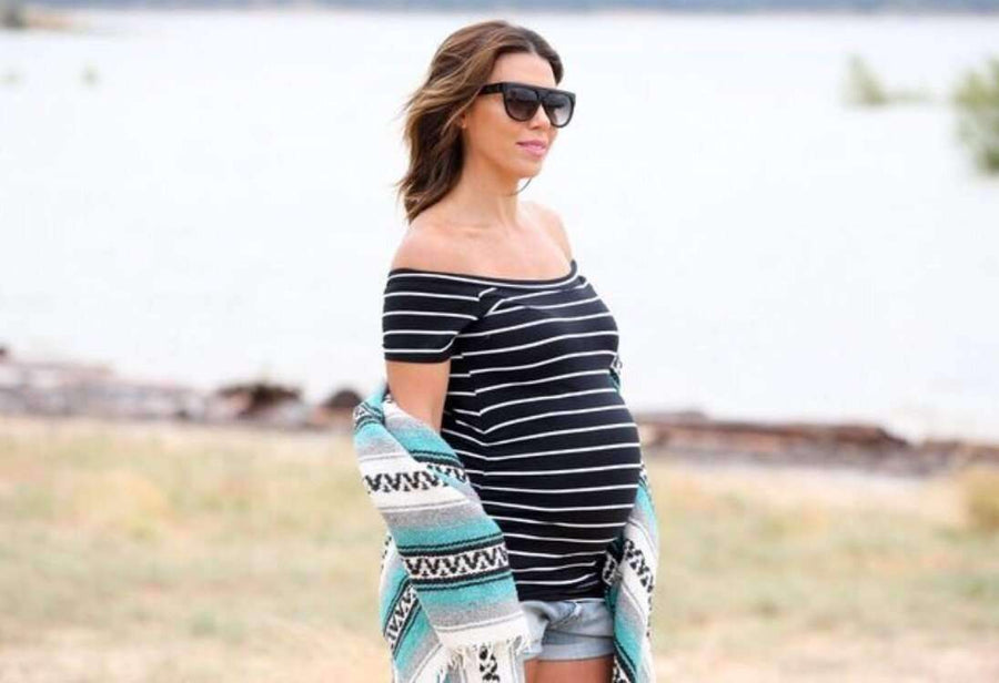 Maternity Shirt - FINAL SALE - Black Striped Short Sleeve Maternity Bardot